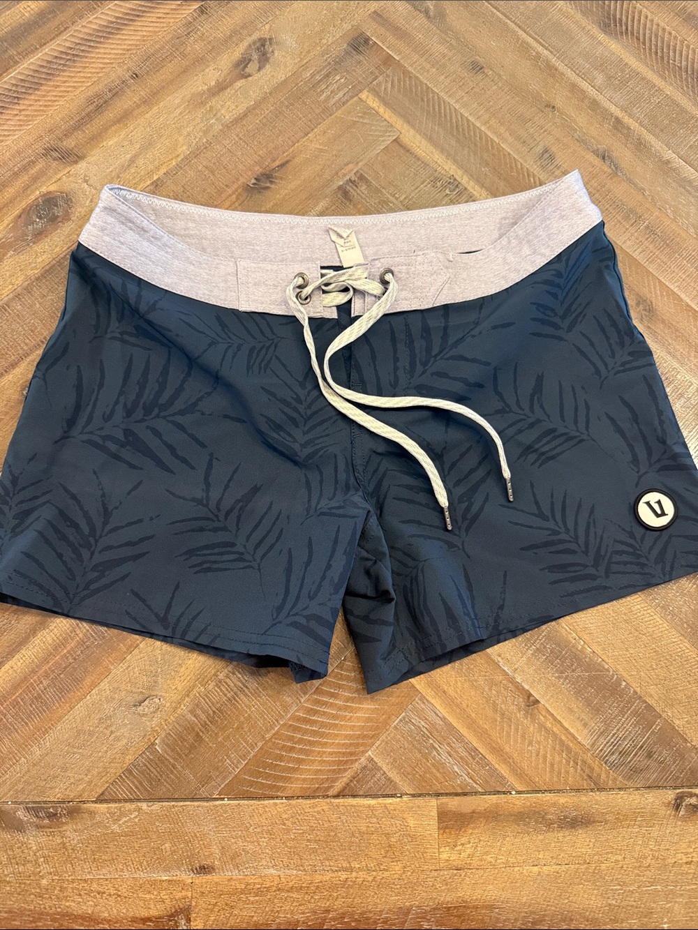 Vuori Navy Palm-Print Performance Shorts with Heather Gray Waistband